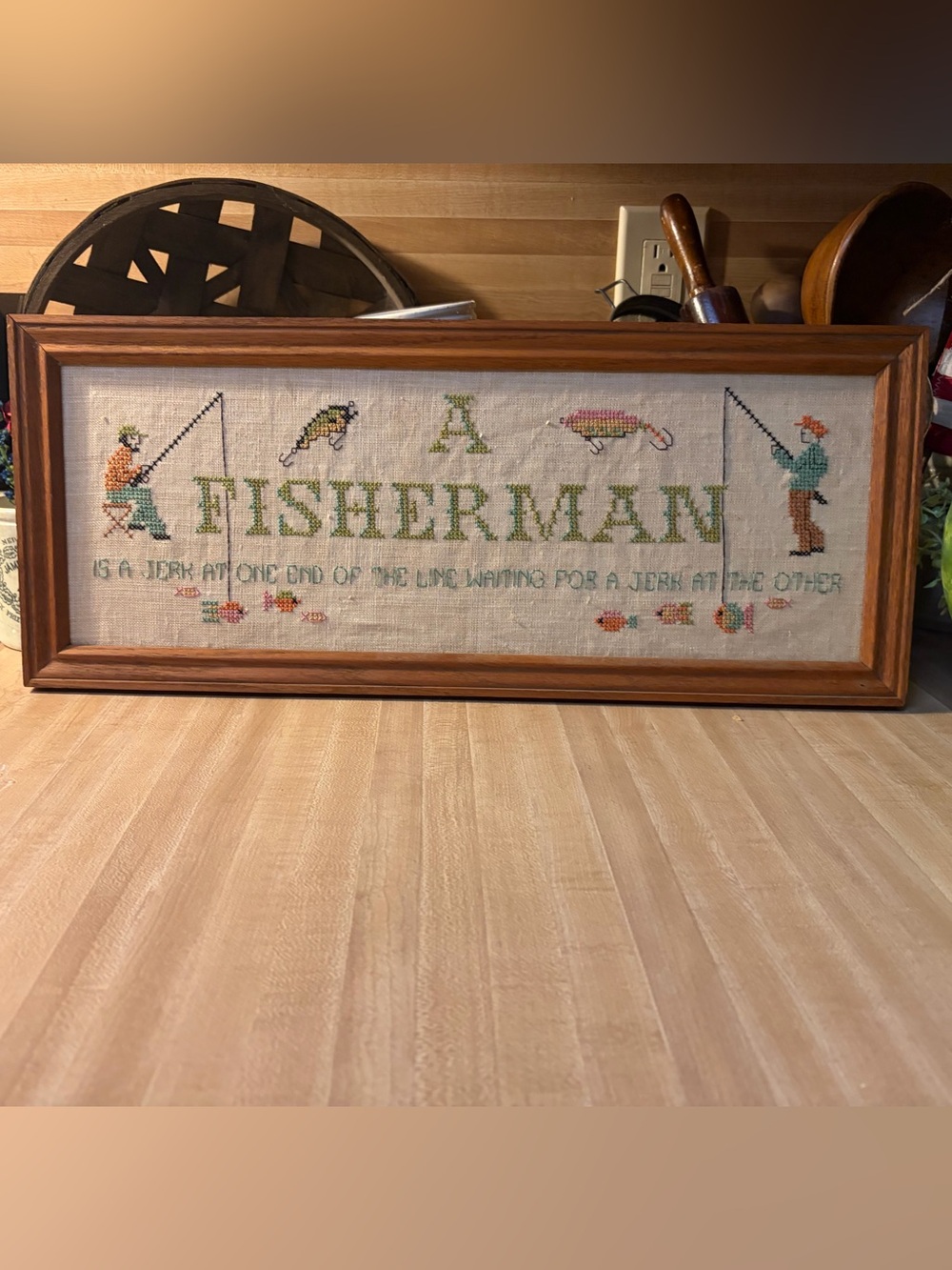A Fisherman Cross-Stitch Wall Art - Green and Multicolor